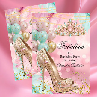 Fabulous birthday Blush Pink Teal Tiara Gold Heel Einladung