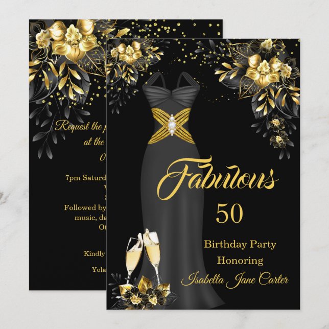 Fabulous Birthday Champagne Black Gold Floral Einladung (Vorne/Hinten)
