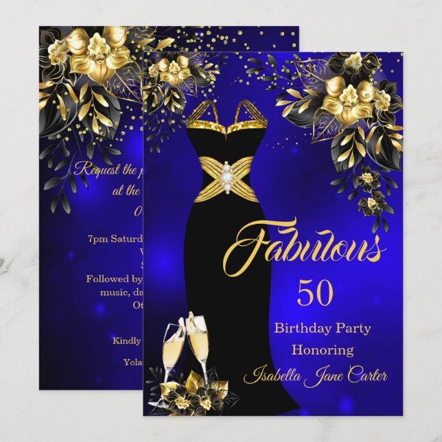 Fabulous Birthday Champagne Blue Gold Floral Einladung (Vorne/Hinten)