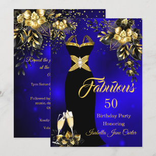 Fabulous Birthday Champagne Blue Gold Floral Einladung