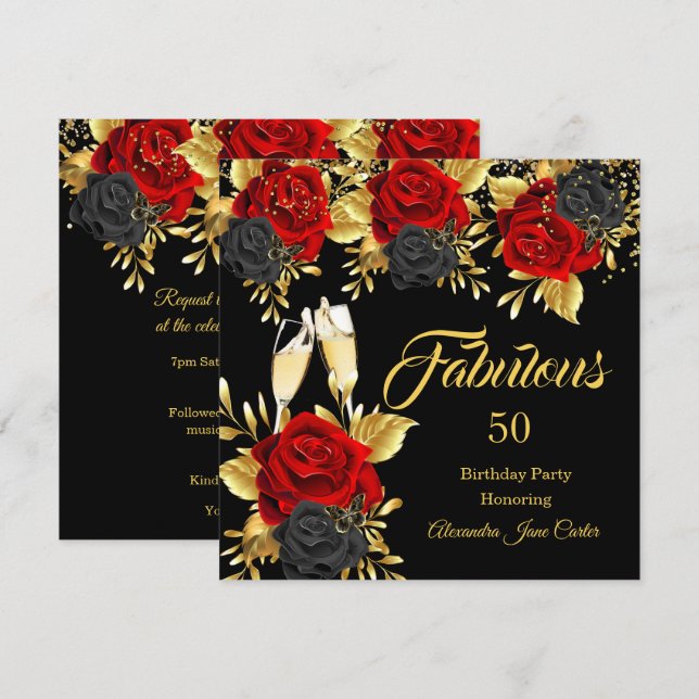 Fabulous Birthday Champagne Red Black Rose Gold Einladung (Vorne/Hinten)
