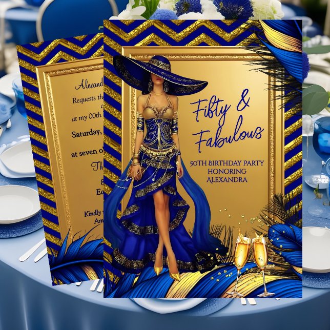 Fabulous Birthday Glamor Woman Blue Gold Feathers Einladung (Von Creator hochgeladen)