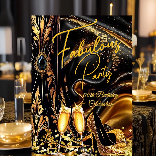 Fabulous Birthday Golden Heels Black Champagne Einladung (Von Creator hochgeladen)