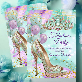 Fabulous birthday Lilac Teal Tiara Gold Heel Einladung