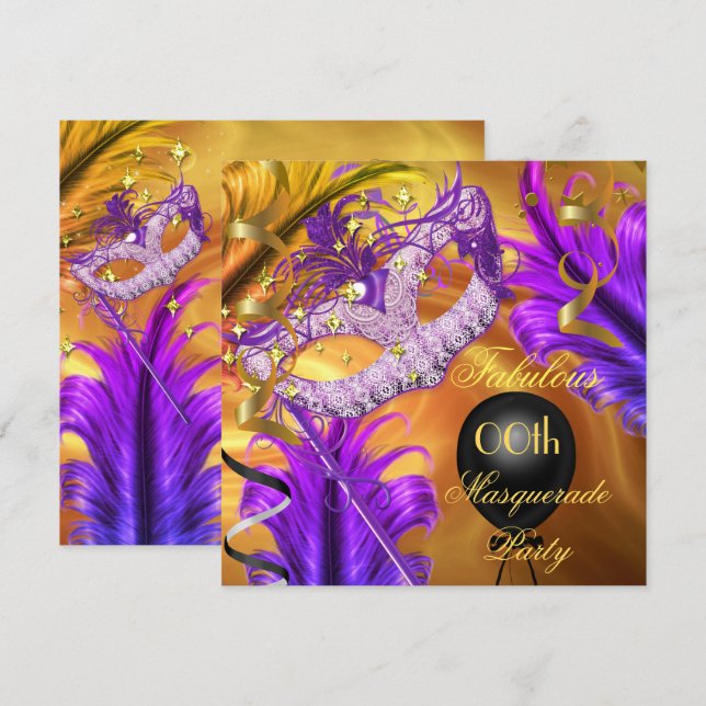 Fabulous Birthday Masquerade Party Lila Gold Einladung (Vorne/Hinten)