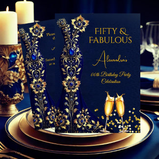 Fabulous Birthday Navy Blue Gold Dress Champagne Einladung