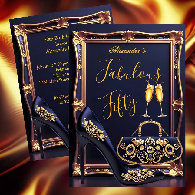 Fabulous Birthday Navy Jewels Heel Champagne Gold Einladung (Von Creator hochgeladen)