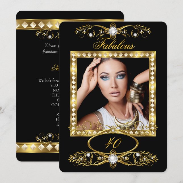 Fabulous Birthday Party Pearl Black Gold Foto Einladung (Vorne/Hinten)