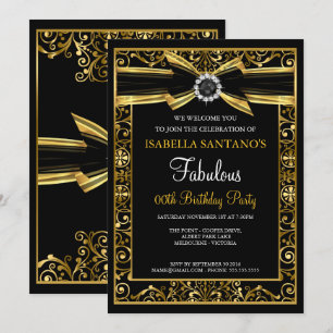 Fabulous Birthday Pearl Gold Lace Bow Black Invite Einladung