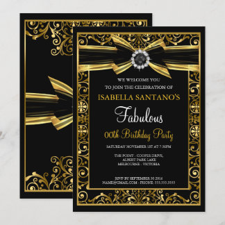Fabulous Birthday Pearl Gold Lace Bow Black Invite Einladung