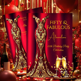 Fabulous Birthday Red Gems Gold Dress Champagne Einladung