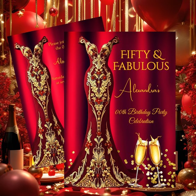 Fabulous Birthday Red Gems Gold Dress Champagne Einladung (Von Creator hochgeladen)