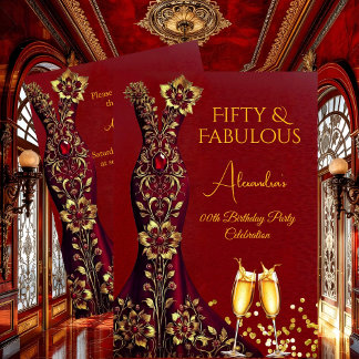 Fabulous Birthday Red Gems Gold Dress Champagne Einladung