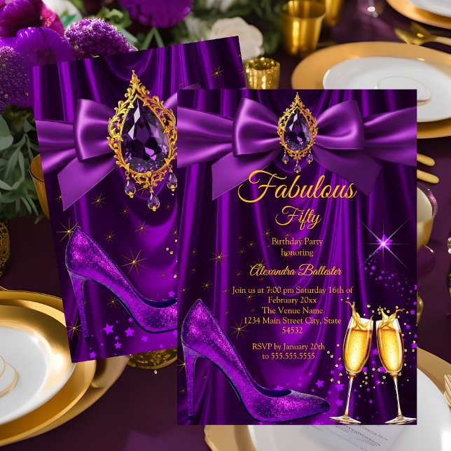 Fabulous Champagne birthday Purple Gold Heel Gem Einladung (Von Creator hochgeladen)