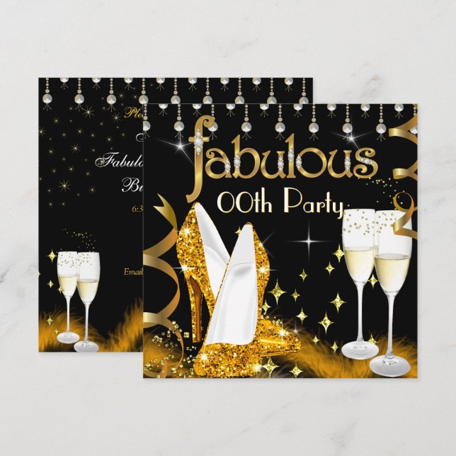Fabulous Champagne Party Glitzer Gold High Heels Einladung (Vorne/Hinten)