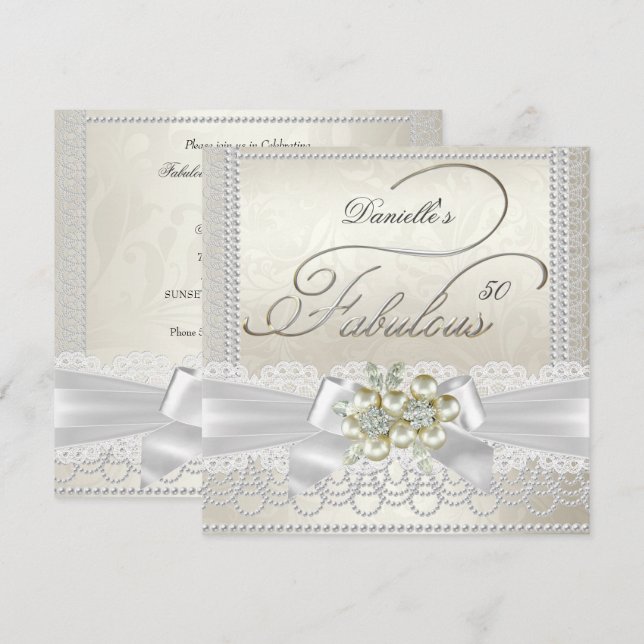 Fabulous Cream White Pearl Lace Damask Diamond Einladung (Vorne/Hinten)