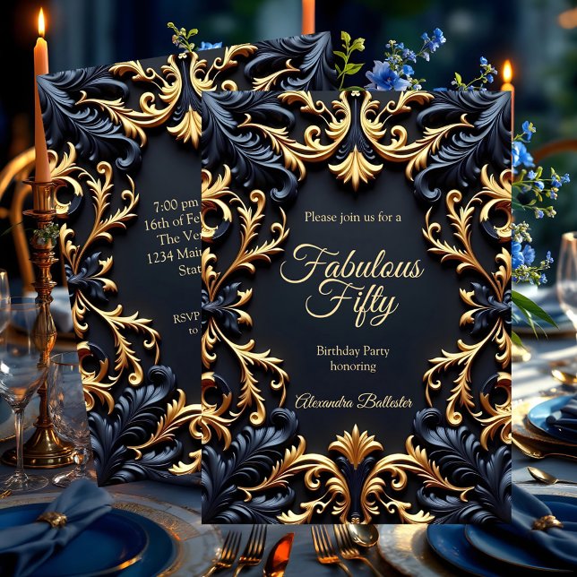 Fabulous Elegant Birthday Party Gold Blue Black Einladung (Von Creator hochgeladen)