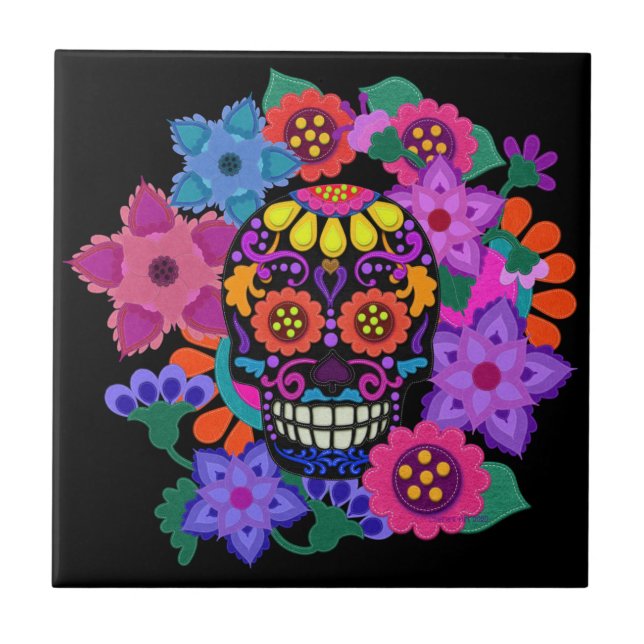 Fabulous Felt Look Sugar Skull Beautiful Fliese (Vorderseite)