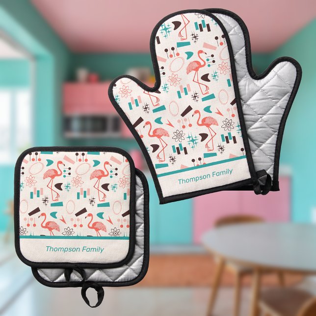 Fabulous Fifties Flamingos Ofenhandschuh & Topflappen-Set (Von Creator hochgeladen)