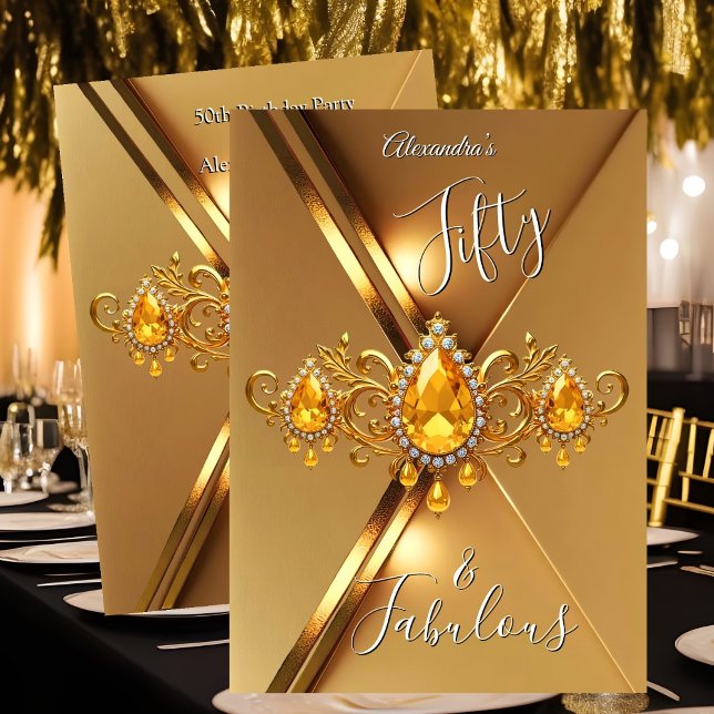 Fabulous Fifty Birthday Party Yellow Gold Gems Einladung (Von Creator hochgeladen)