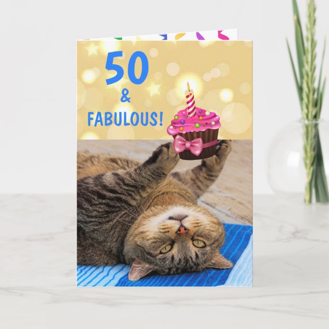 Fabulous Fifty Cat Birthday Karte (Vorderseite)