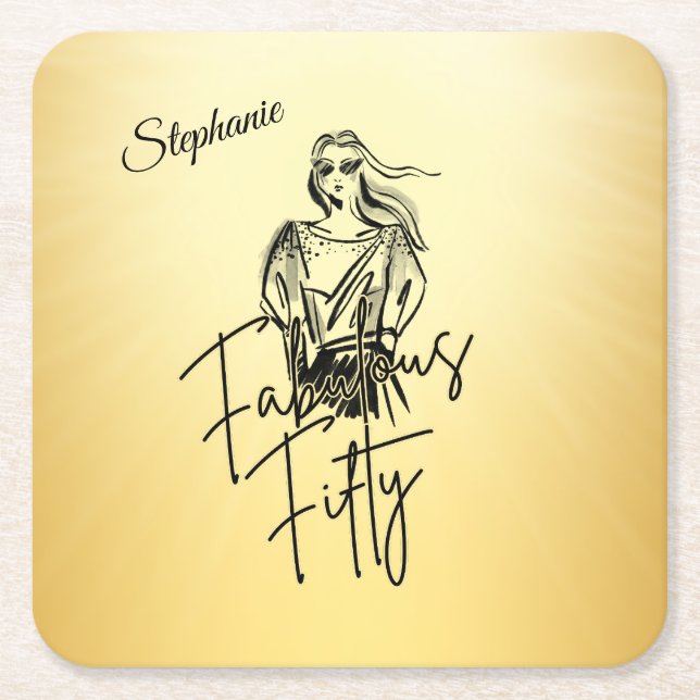 Fabulous Fifty Woman Gold Sketch 50th Birthday Rechteckiger Pappuntersetzer (Vorderseite)