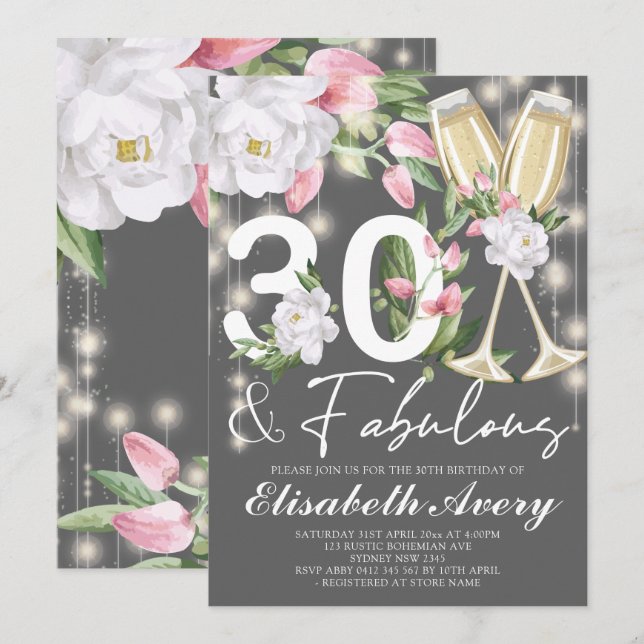 Fabulous Floral 30. Geburtstag Party Einladung (Vorne/Hinten)