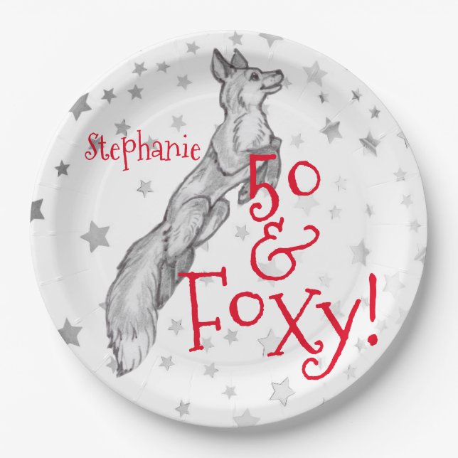 Fabulous Foxy 50. Geburtstag Schwarz-weißer Rotfuc Pappteller (Vorderseite)