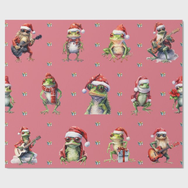 Fabulous Frog Rock Band Weihnachtsfeiertag Lt Red Geschenkpapier (Flach)