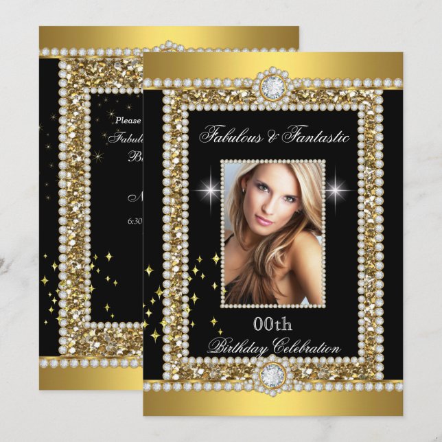 Fabulous Gold Black Glamour Hollywood Diamond Einladung (Vorne/Hinten)