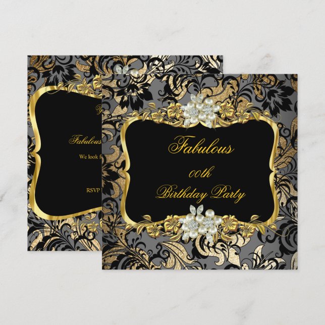 Fabulous Gold Black Gray Pearl Damask Party Einladung (Vorne/Hinten)