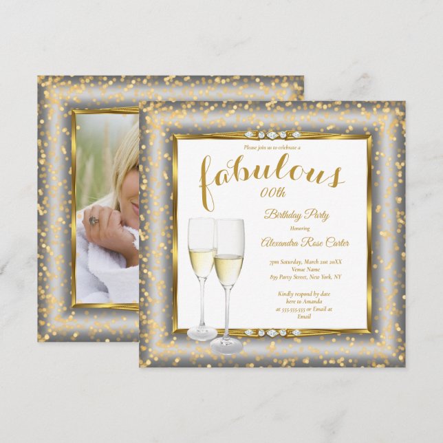 Fabulous Gold Silver Champagne Foto Birthday sq Einladung (Vorne/Hinten)