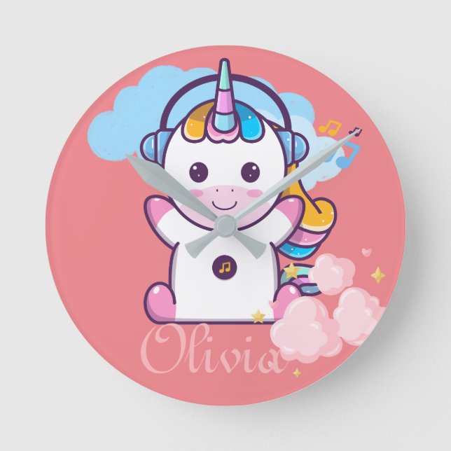 Fabulous Niedlich Unicorn individuelle Name Runde Wanduhr (Vorderseite)