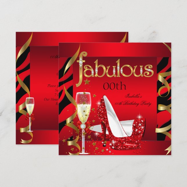 Fabulous Red Champagne Party Black Zebra Einladung (Vorne/Hinten)