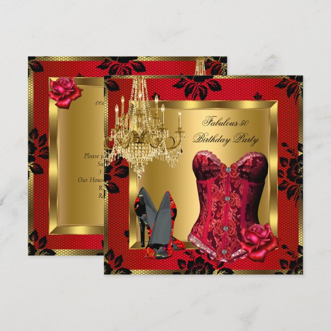 Fabulous Red Heelses Chandelier Corset Rose Lace Einladung (Vorne/Hinten)