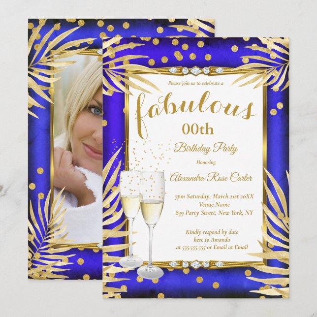 Fabulous Royal Blue Palms Champagne Party Einladung (Vorne/Hinten)