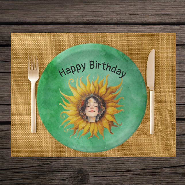 Face of Birthday Girl in Fancy Yellow Sunflower  Pappteller (Face of smiling girl in center of fancy yellow sunflower on Happy Birthday green paper party plates.)
