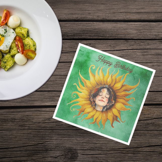 Face of Peaceful Girl Big Yellow Sunflower Green Serviette (Girls face brown hair in middle of yellow fancy sunflower on green Birthday paper party napkins.)