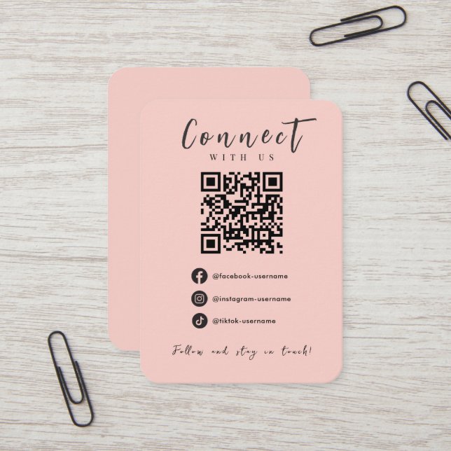 Facebook Instagram Tiktok Blush Pink QR Code Visitenkarte (Vorderseite/Rückseite Beispiel)