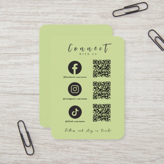 Facebook Instagram Tiktok QR Code Lime Green Visitenkarte (Vorderseite/Rückseite Beispiel)