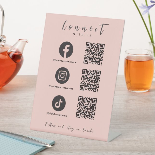 Facebook Instagram Tiktok QR Code Rosa Sockelschild (In Situ)