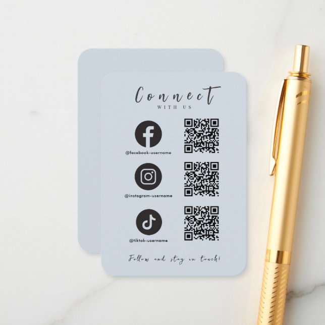 Facebook Instagram Tiktok QR Code Soft Navy Begleitkarte (Vorderseite/Rückseite Beispiel)