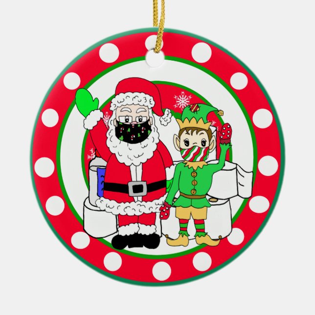 Facemasken und Toilettenpapier für Santa und Elfe Keramik Ornament (Vorne)