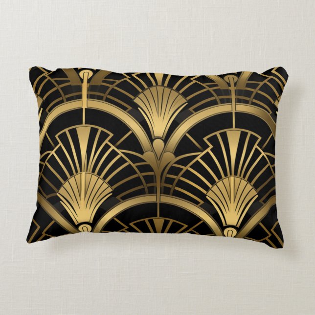 Fächer Gatsby - Schwarz und Or Art Deco Dekokissen (Rückseite)
