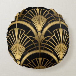 Fächer Gatsby - Schwarz und Or Art Deco Rundes Kissen