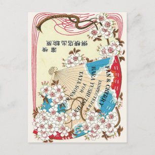 Fächer und Kirschblüten Vintage-Japanisches Seiden Postkarte