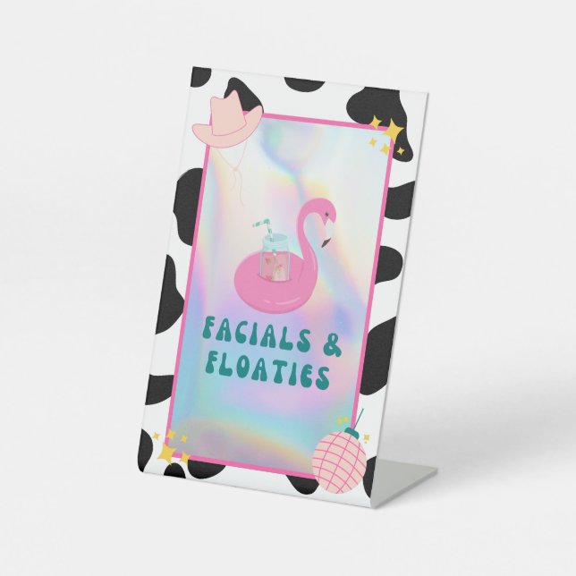"Facials & Floods" Disco Cowgirl Bach Party Sign Sockelschild (Vorderseite)