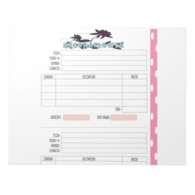 facture en espagnol Bloc-notes 11" x 8,5" - 40 pag (Devant)