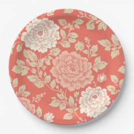 Faded Red Block Print Floral Pappteller