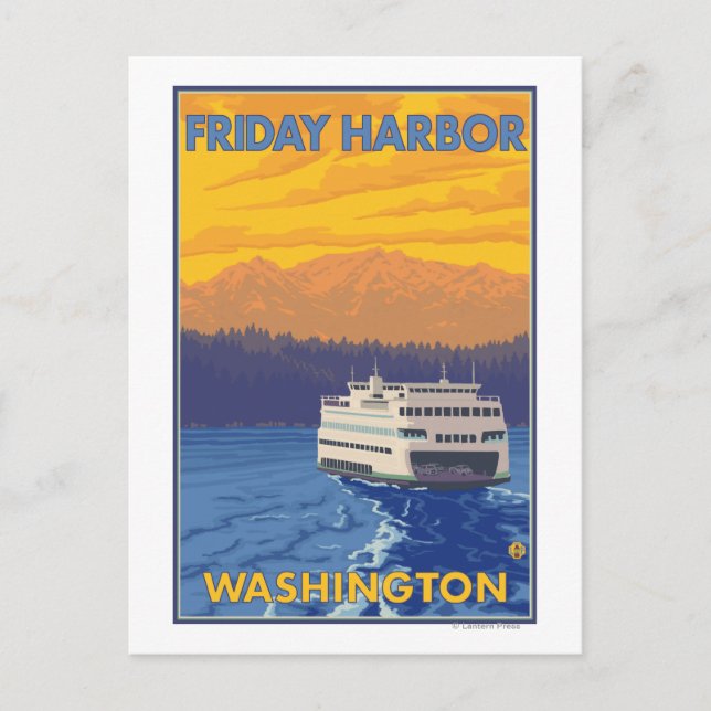 Fähre und Berge - Freitagshafen, Washington Postkarte (Vorderseite)